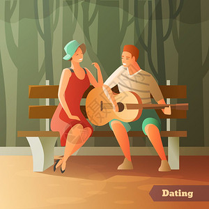 森林小夜曲约会背景浪漫的晚餐约会情侣平构图与甜心人物坐户外木制长凳上与吉他矢量插图日期高清图片素材