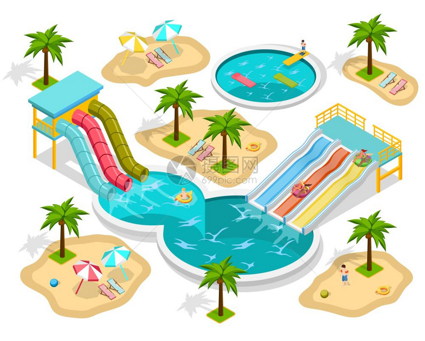 等距水上公园成等距水上公园成海滩与娱乐活动三个游泳池矢量插图图片