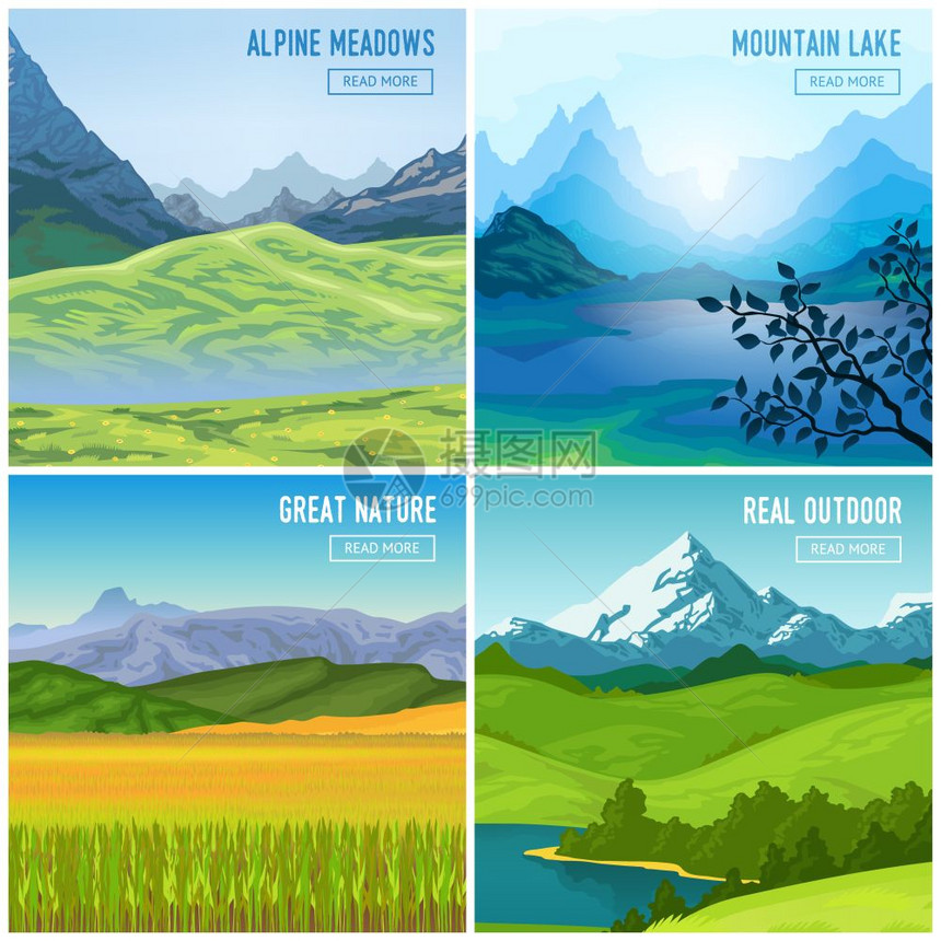 山景构图集自然景观与四个方形户外构图的山脉绘制图像阅读更多的按钮矢量插图图片