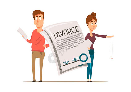 离婚协议夫妇成婚姻离婚平构成与快乐的伴侣绘制字符书合同的婚姻分离矢量插图背景图片