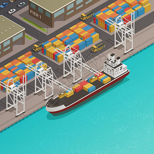 国际货运素材货运驳船港口码头等距港口码头货运装卸码头与停泊货物驳船堆叠集装箱等距成矢量图插画