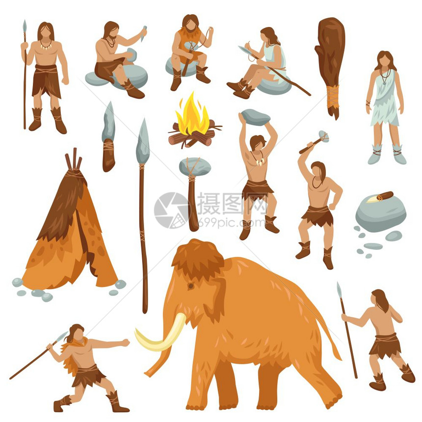 原始人平卡通图标原始人用石器时代的工具石器时代的工具古代动物矢量插图