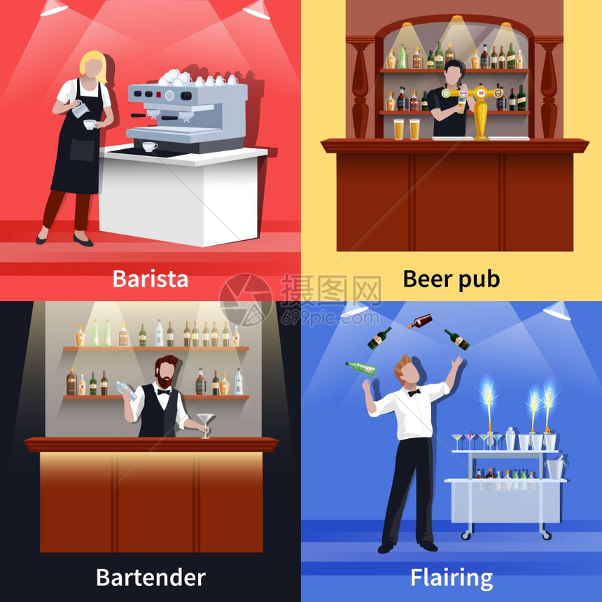 鸡尾酒人物图标四个方形鸡尾酒人物图标咖啡师啤酒酒吧调酒师天赋描述矢量插图图片
