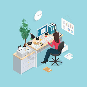 办公室工作场所等距成彩色三维办公室工作场所等距构图,女人坐电脑矢量插图图片