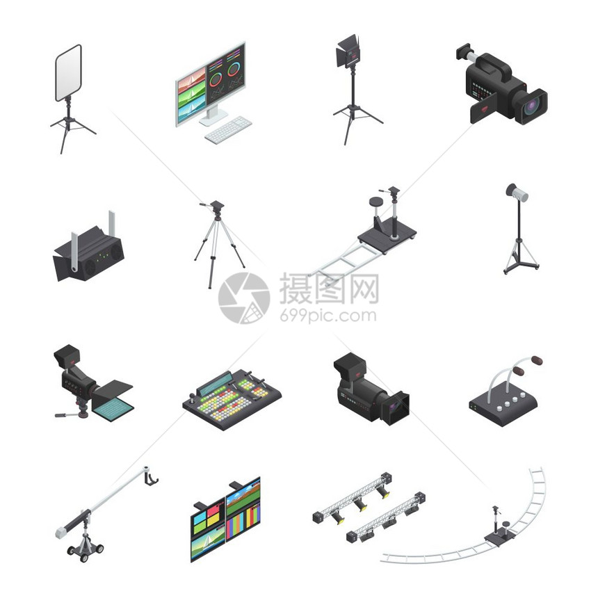 广播设备图标套16个独立的视频电视广播演播室设备等距图标,包括相机照明矢量插图图片