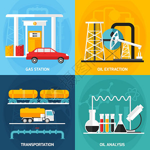 石油天然气工业成四个天然气石油工业广场成,带装饰图标,代表汽油提取分析运输矢量插图背景图片