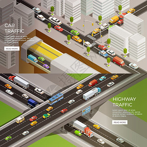 城市高速公路横幅道路元素等距横幅与城市风景公路汽车图像与阅读更多按钮矢量插图背景图片
