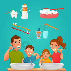 轻的家庭刷牙轻家庭刷牙牙齿护理产品工具卡通构图平矢量插图图片