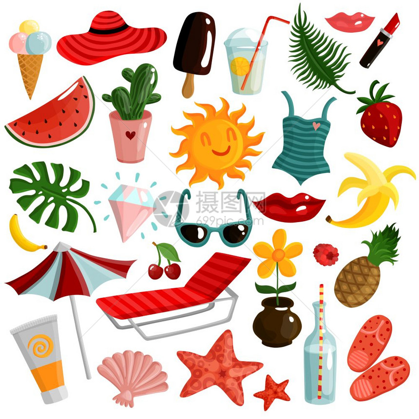 夏季配件套装套夏季配件与日光浴,雨伞,防晒霜,泳衣,冰淇淋,水果,棕榈叶孤立矢量插图图片