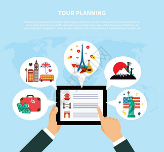 旅游规划理念旅游规划与人手平板电脑与旅游信息屏幕平矢量插图图片