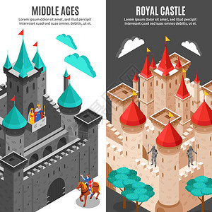 中世纪门皇家城堡垂直两个垂直的皇家城堡垂直中世纪皇家城堡描述矢量插图插画