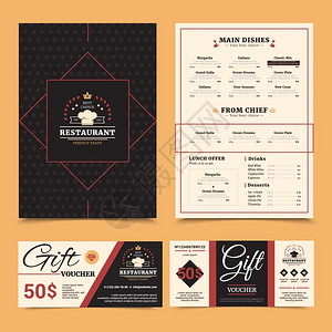 时尚菜单餐厅菜单礼品卡集昂贵的餐厅菜单与厨师菜的选择礼品券卡时尚棋盘背景矢量插图插画