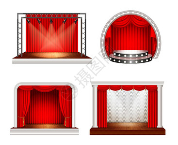 逼真的舞台集逼真的舞台四个图像的空舞台与红色窗帘照明设备矢量插图图片