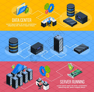 电传房水平横幅三个水平数据中心横幅与等距图像的网络外壳服务器设备与象形图矢量插图背景图片