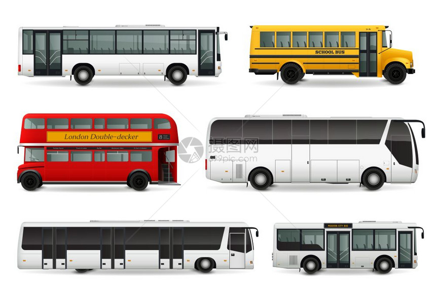公共汽车现实现实的与校车现代城市旅游交通伦敦双层车辆孤立矢量插图图片
