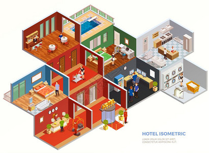 酒店客房及餐厅酒店等距构图酒店客房的等距成内部与工作人员客人白色背景矢量插图插画