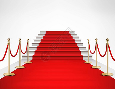 红地毯素材红地毯白色楼梯写实插图红地毯事件与白色大理石楼梯黄金队列绳障碍站现实的矢量插图插画