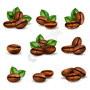 咖啡豆蔓延咖啡豆写实套装烤咖啡豆与叶子现实隔离白色背景矢量插图插画