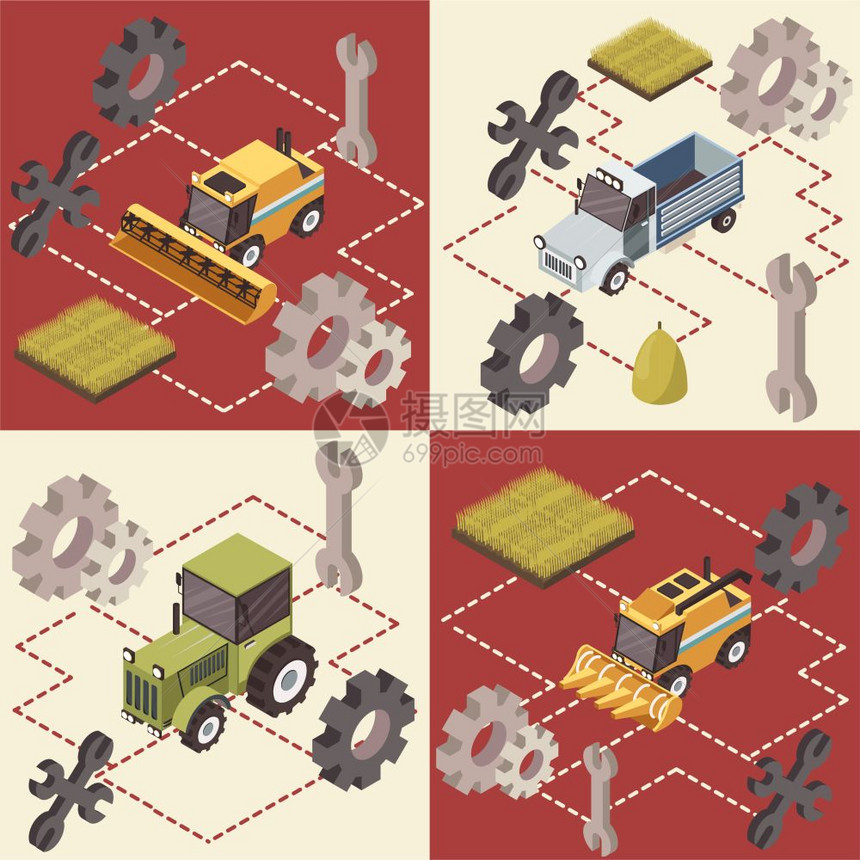农用车辆等距农用车辆等距与拖拉机卡车备件工作工具领域矢量插图图片