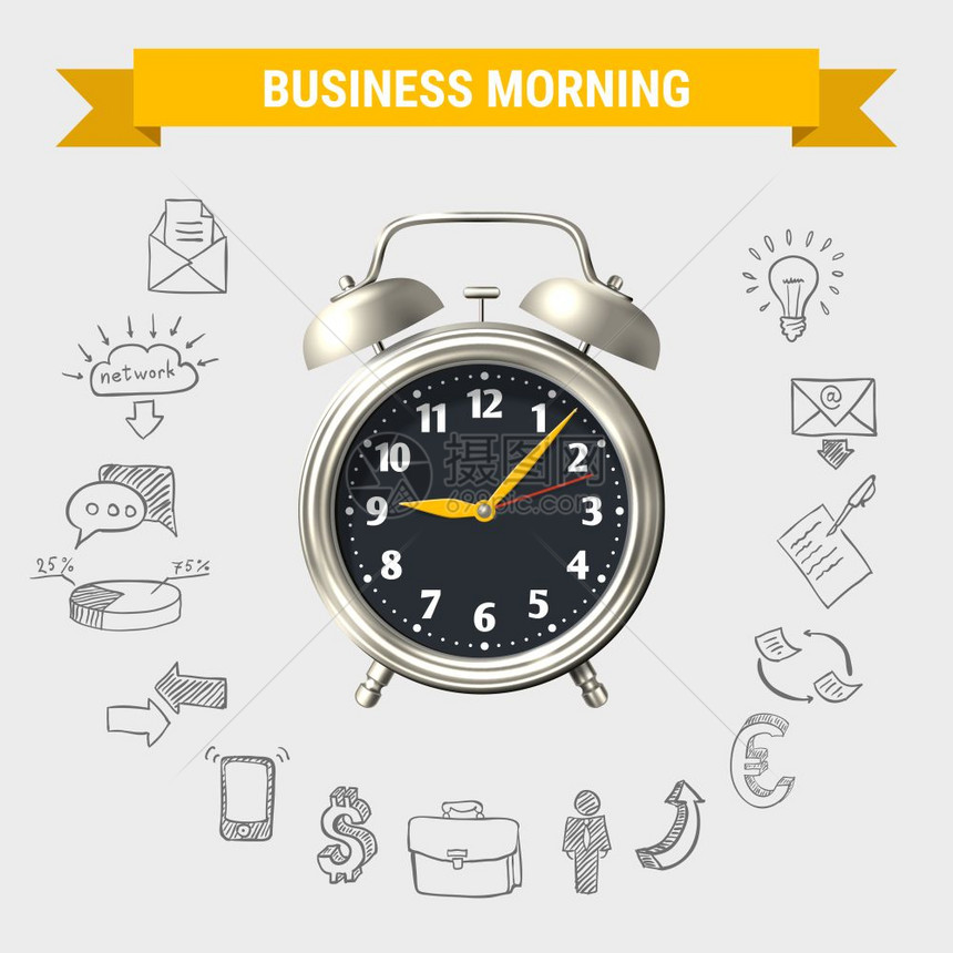 商业晨轮作文商业上午圆形构图与黄色丝带3D闹钟手绘图标矢量插图图片