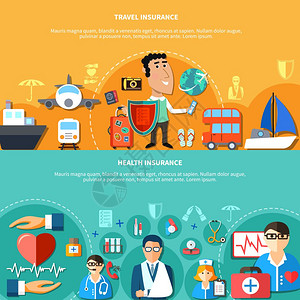 假期健康保险横向横幅度假健康保险横向横幅与医疗旅行元素平风格矢量插图图片