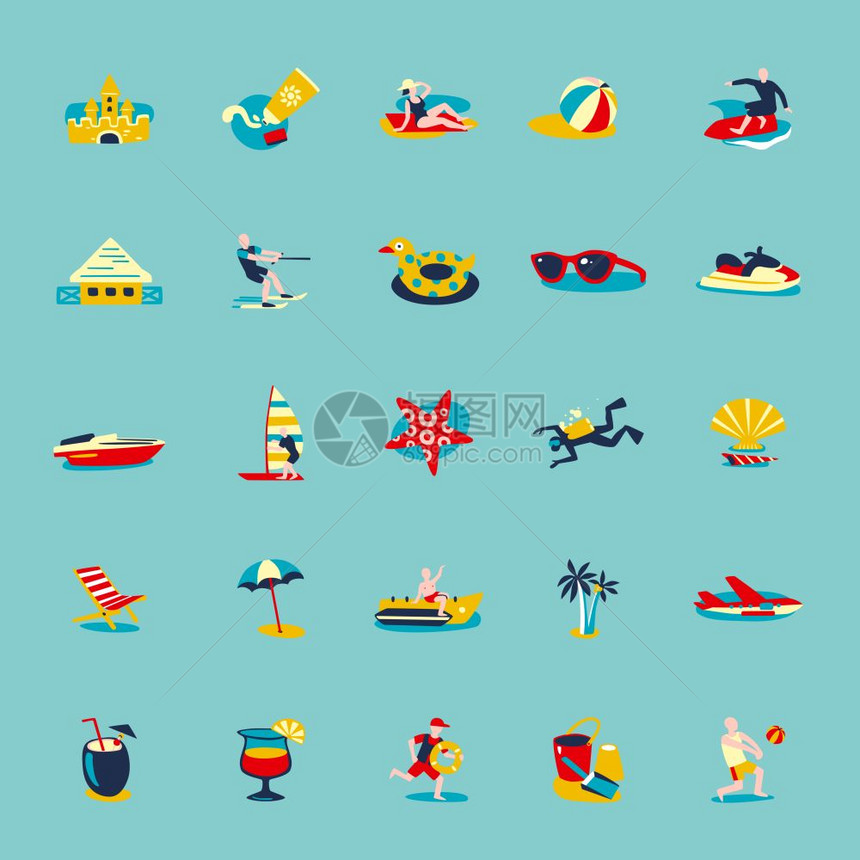 夏季海滩复古图标背景集夏日海滩度假符号人配件复古图标收集水蓝色背景孤立矢量插图图片