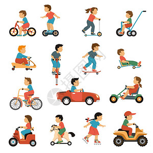 儿童运输图标儿童运输图标与活动游戏符号平孤立矢量插图图片