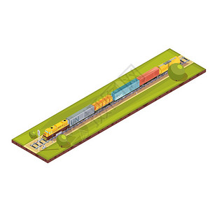 铁路运输等距成列车成与等距铁路运输图像与货运货物列车的汽车树木矢量插图背景图片