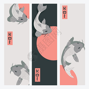 三个垂直横幅鲤鱼锦鲤鱼游太阳,传统日本风格,矢量插图图片