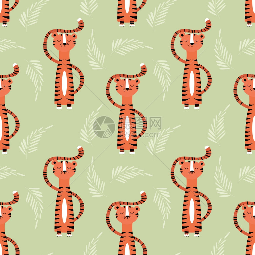 无缝图案与可爱的丛林橙色老虎,矢量插图图片