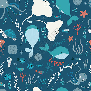 黄颡鱼无缝图案与水下海洋动物,鲸鱼,章鱼,黄貂鱼,水母,彩色矢量插图插画