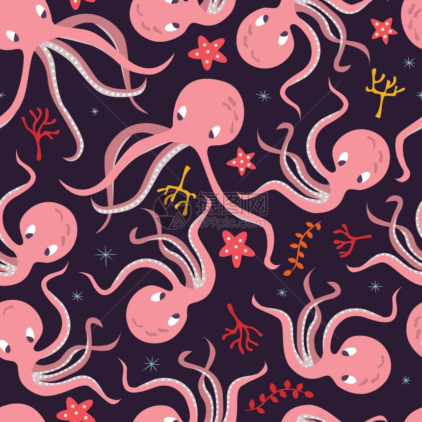 无缝图案与水下海洋动物,可爱的章鱼海星,彩色矢量插图图片