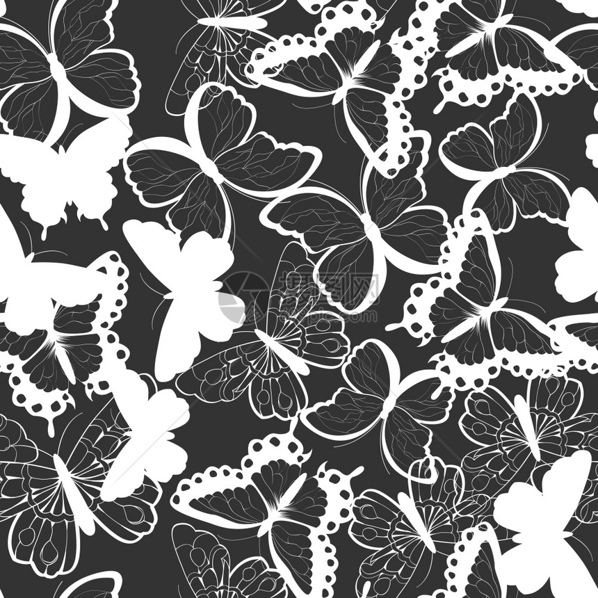 无缝矢量图案与手绘剪影蝴蝶,黑白,矢量插图图片