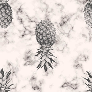 菠萝图案本子矢量大理石纹理无缝图案与菠萝,黑白大理石纹,现代豪华背景,矢量插图插画