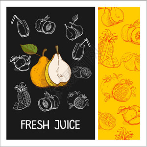 胡鲁希夫果汁水果矢量插图用粉笔黑板上画的水果手绘矢量插图图片