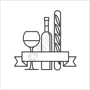 霞多丽酒瓶,璃法国包隔离白色背景上矢量图标插画