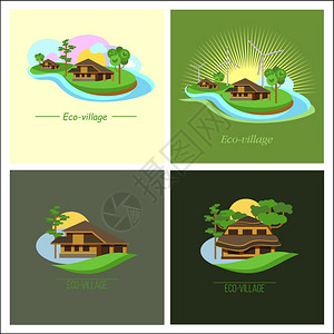 套4个矢量标志生态村生态屋郊区房地产风车品牌风格图片