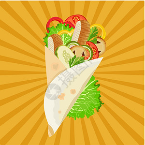 培根肉卷沙瓦玛鸡肉蔬菜餐馆咖啡馆的矢量插图插画