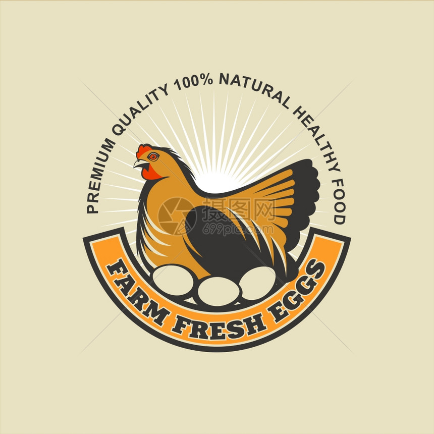 新鲜的农场鸡蛋矢量标志,标志小鸡坐鸡蛋上的方式100优质,天然产品,健康食品图片