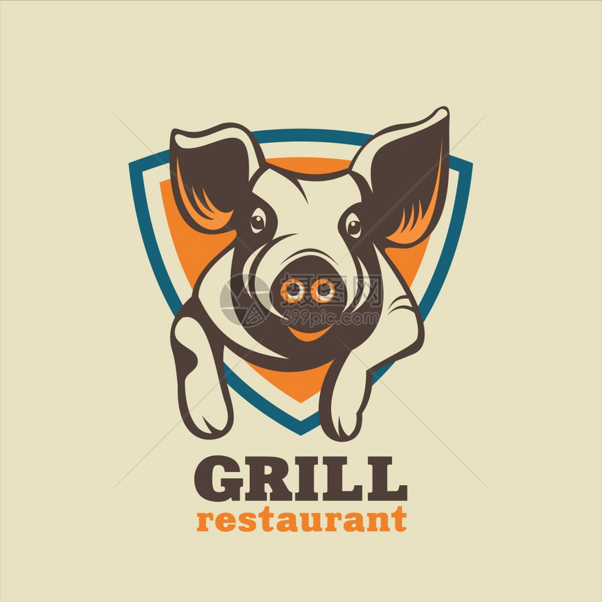 烧烤餐厅的复古矢量标志农业猪新鲜猪肉肉图片