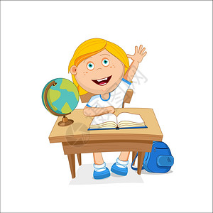 地球上的女孩学校女孩坐桌子上,手工挑选,矢量插图插画