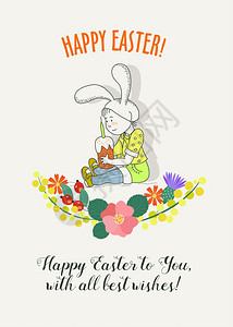 复活节快乐穿着兔子西装的孩子复活节蛋糕春花的花环老式手绘复活节卡片背景图片