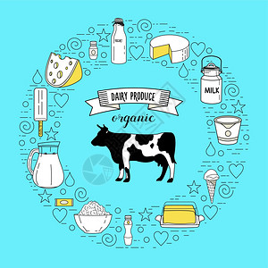 头牛套健康的乳制品以蓝色背景上的圆圈为导向健康饮食,机产品矢量插图图片