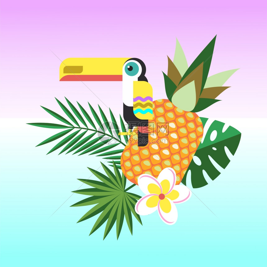 巨嘴鸟热带植物的矢量插图,菠萝,李子花图片