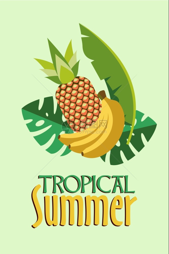 热带夏季矢量插图与外来植物热带树叶多汁的菠萝香蕉图片