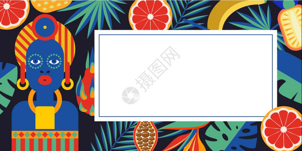 矢量热带框架与文字的位置明亮的插图与个黑色的女人,热带水果棕榈叶图片