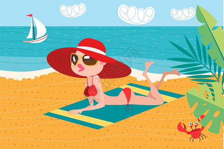 游艇比基尼戴着红帽子的女孩,海滩上晒太阳平风格的矢量插图插画