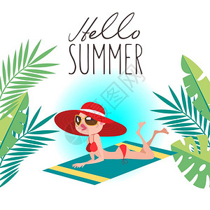 你好,夏天戴着红帽子的漂亮女孩,海滩上晒太阳平风格的矢量插图背景图片