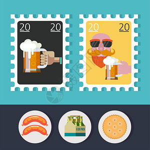 邮票矢量图标啤酒杯,香肠,饼干,瓶装啤酒包装图片