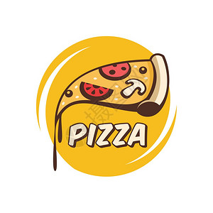 卡通风格的矢量标志片热披萨,蘑菇香肠西红柿奶酪图片